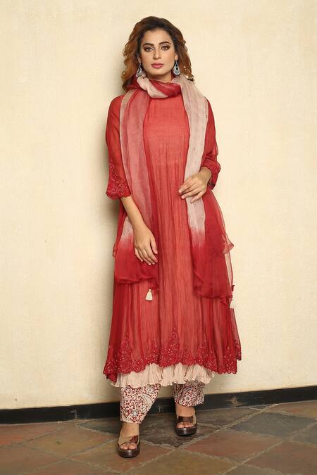 Falguni.Foram_Maroon Inner Slip Crush Silk, Kurta Silk, Pant Mal And Set _Online_at_Aza_Fashions