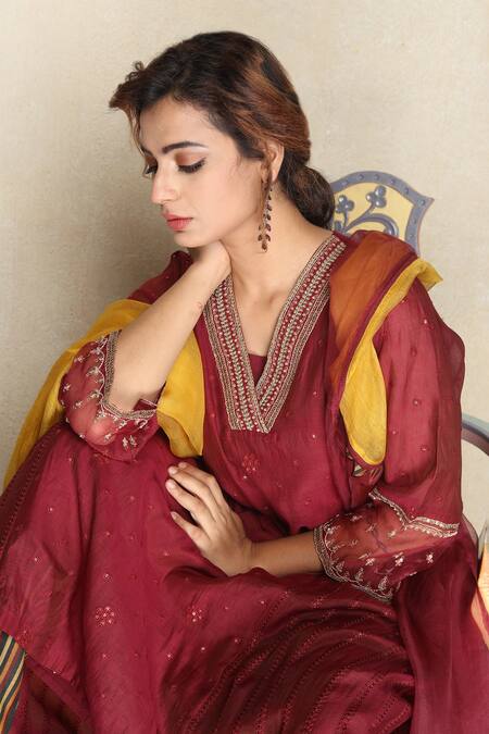 Buy_Falguni.Foram_Maroon Inner Slip Mal, Kurta Chanderi , Pant Modal And Dupatta Set _Online_at_Aza_Fashions