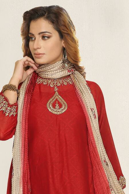 Buy_Falguni.Foram_Maroon Inner Slip Mal, Kurta , Pant And Dupatta Set _Online_at_Aza_Fashions