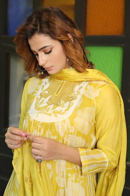 Shop_Falguni.Foram_Yellow Inner Slip Mal, Kurta , Pant And Dupatta Set _Online_at_Aza_Fashions