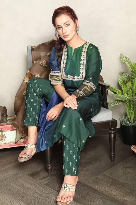 Falguni.Foram_Green Kurta Dupion Silk, Pant Viscose Gota Patti And Sequin Embroidered & Set _Online_at_Aza_Fashions