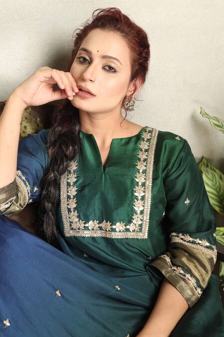 Buy_Falguni.Foram_Green Kurta Dupion Silk, Pant Viscose Gota Patti And Sequin Embroidered & Set _Online_at_Aza_Fashions