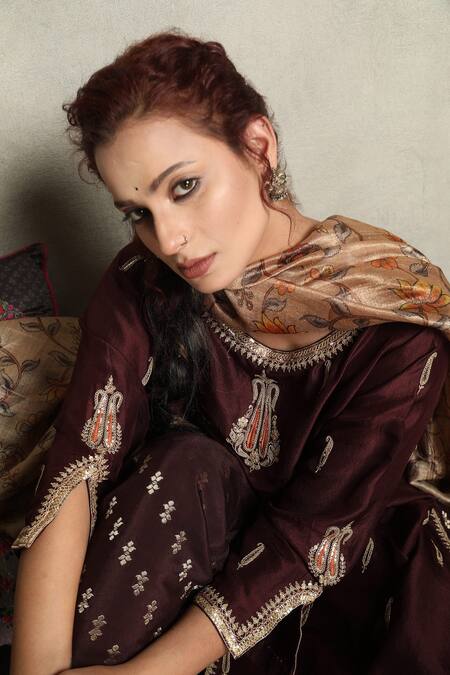 Falguni.Foram_Brown Kurta Dupion Silk, Pant Viscose Thread And Sequin Embroidered & Set _Online_at_Aza_Fashions