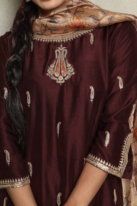 Buy_Falguni.Foram_Brown Kurta Dupion Silk, Pant Viscose Thread And Sequin Embroidered & Set _Online_at_Aza_Fashions