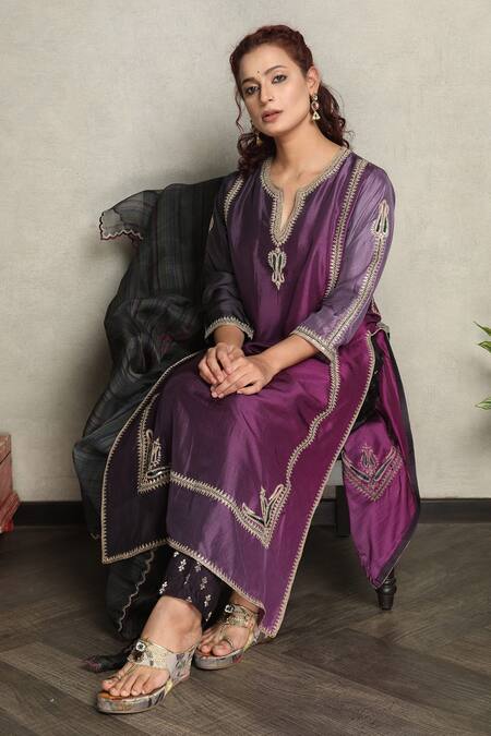 Falguni.Foram_Purple Kurta Dupion Silk, Pant Viscose Thread Notched Embroidered And Set _Online_at_Aza_Fashions