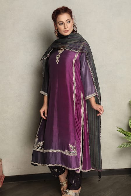 Shop_Falguni.Foram_Purple Kurta Dupion Silk, Pant Viscose Thread Notched Embroidered And Set _Online_at_Aza_Fashions