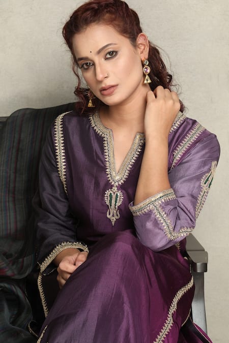 Falguni.Foram_Purple Kurta Dupion Silk, Pant Viscose Thread Notched Embroidered And Set _at_Aza_Fashions