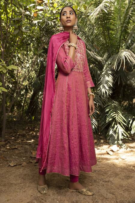 Kritika Dawar_Pink Anarkali Tissue Chanderi, Churidar Lycra Net, Hand Embroidered Set_Online_at_Aza_Fashions