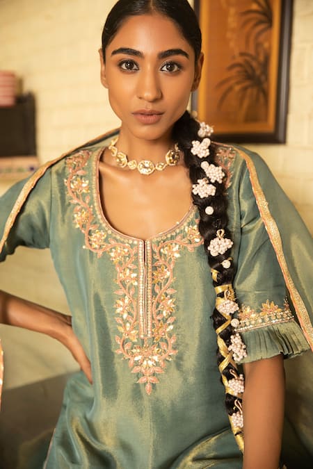 Shop Kritika Dawar Green Kurta And Dupatta Tissue, Sharara Foil Georgette Hand Embroidered Set at Aza Fashions Shop_Kritika Dawar_Green Kurta And Dupatta Tissue, Sharara Foil Georgette Hand Embroidered Set _at_Aza_Fashions