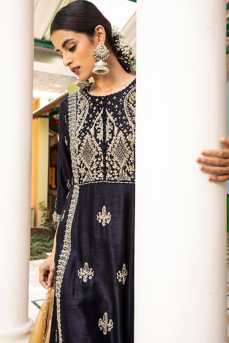 Shop Kritika Dawar Blue Dupatta Organza, Kurta Silk, Pant Tissue Zari Embroidered Palazzo Set Online at Aza Fashions Shop_Kritika Dawar_Blue Dupatta Organza, Kurta Silk, Pant Tissue Zari Embroidered Palazzo Set _Online_at_Aza_Fashions