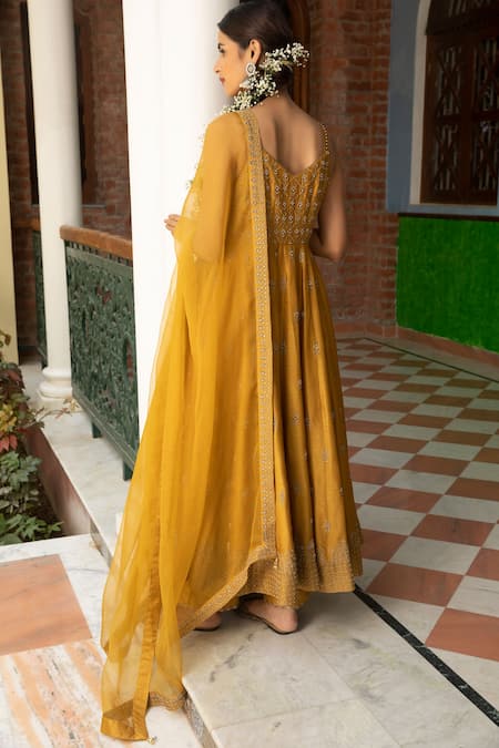 Shop_Kritika Dawar_Yellow Anarkali And Pant Silk, Dupatta Organza Floral Zari Embroidered Set _at_Aza_Fashions