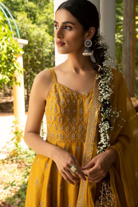 Buy_Kritika Dawar_Yellow Anarkali And Pant Silk, Dupatta Organza Floral Zari Embroidered Set _Online_at_Aza_Fashions