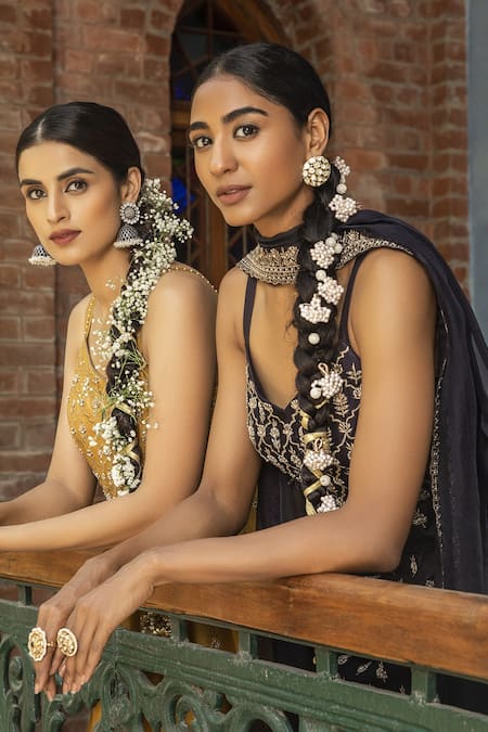 Shop_Kritika Dawar_Blue Dupatta Organza, Kurta And Gharara Zari V Neck Embroidered Set _Online_at_Aza_Fashions