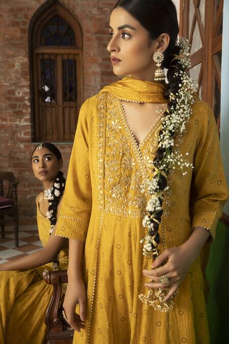 Buy Kritika Dawar Yellow Anarkali Tissue Chanderi, Churidar Lycra Net, Hand Embroidered Set Online at Aza Fashions Buy_Kritika Dawar_Yellow Anarkali Tissue Chanderi, Churidar Lycra Net, Hand Embroidered Set_Online_at_Aza_Fashions