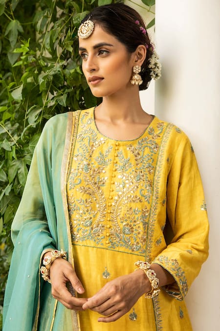 Shop_Kritika Dawar_Yellow Dupatta And Pant Tissue, Kurta Linen Silk Gota Embroidered Palazzo Set _Online_at_Aza_Fashions