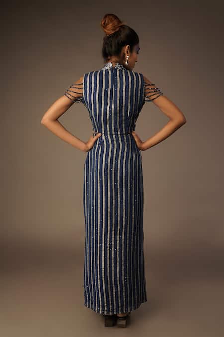 Shop Urban Pataka Blue Tafetta, Woven Thread Work High Neck Knotted Top And Draped Skirt Set at Aza Fashions Shop_Urban Pataka_Blue Tafetta, Woven Thread Work High Neck Knotted Top And Draped Skirt Set_at_Aza_Fashions