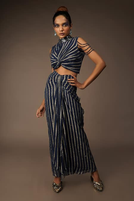 Buy Urban Pataka Blue Tafetta, Woven Thread Work High Neck Knotted Top And Draped Skirt Set Online at Aza Fashions Buy_Urban Pataka_Blue Tafetta, Woven Thread Work High Neck Knotted Top And Draped Skirt Set_Online_at_Aza_Fashions