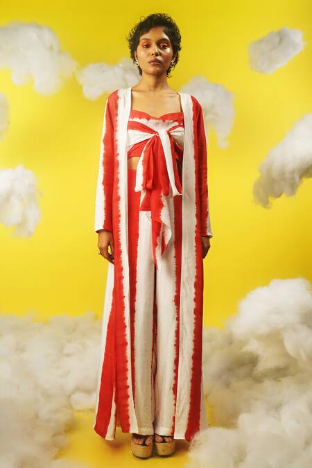 Urban Pataka Red Striped Jacket With Pant Set Online at Aza Fashions Urban Pataka_Red Striped Jacket With Pant Set _Online_at_Aza_Fashions