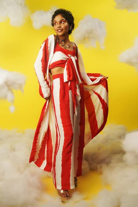 Buy Urban Pataka Red Striped Jacket With Pant Set Online at Aza Fashions Buy_Urban Pataka_Red Striped Jacket With Pant Set _Online_at_Aza_Fashions