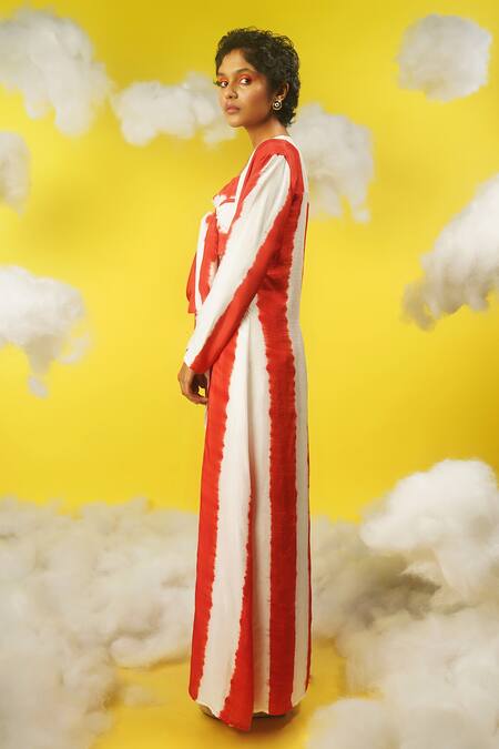 Shop Urban Pataka Red Striped Jacket With Pant Set Online at Aza Fashions Shop_Urban Pataka_Red Striped Jacket With Pant Set _Online_at_Aza_Fashions