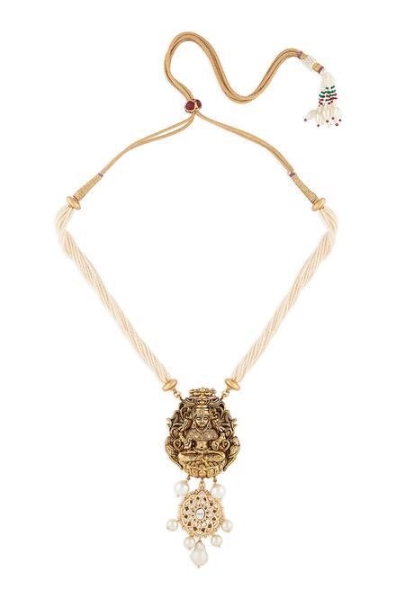 Ahaanya Gold Plated Kundans Temple Motif Pendant Necklace