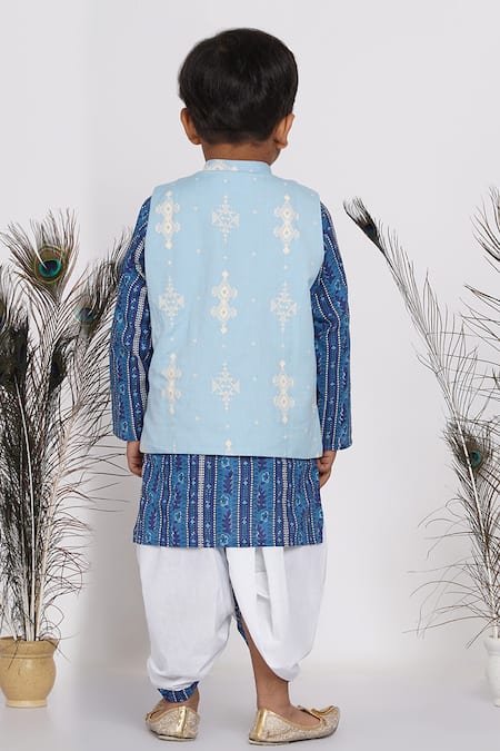 Shop Little Bansi Blue Cotton Mirrors Geometric Print Bundi And Kurta Set at Aza Fashions Shop_Little Bansi_Blue Cotton Mirrors Geometric Print Bundi And Kurta Set _at_Aza_Fashions