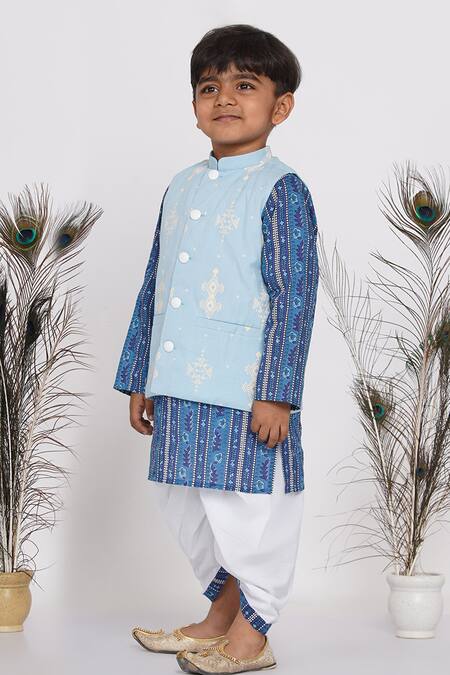 Buy Little Bansi Blue Cotton Mirrors Geometric Print Bundi And Kurta Set Online at Aza Fashions Buy_Little Bansi_Blue Cotton Mirrors Geometric Print Bundi And Kurta Set _Online_at_Aza_Fashions