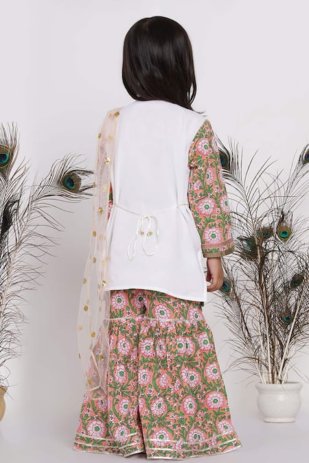 Shop_Little Bansi_White Cotton, Chiffon Embroidery, Sequins Floral Kurta Sharara Set _at_Aza_Fashions