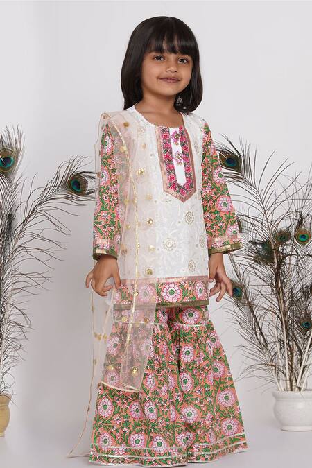 Little Bansi_White Cotton, Chiffon Embroidery, Sequins Floral Kurta Sharara Set _Online_at_Aza_Fashions