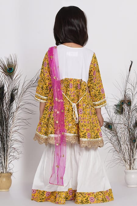 Shop Little Bansi White Cotton, Chiffon Pearls, Embroidery, Sequins Floral Print Kurta Sharara Set at Aza Fashions Shop_Little Bansi_White Cotton, Chiffon Pearls, Embroidery, Sequins Floral Print Kurta Sharara Set _at_Aza_Fashions
