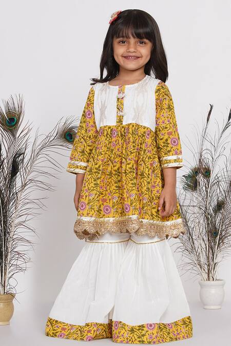 Buy Little Bansi White Cotton, Chiffon Pearls, Embroidery, Sequins Floral Print Kurta Sharara Set Online at Aza Fashions Buy_Little Bansi_White Cotton, Chiffon Pearls, Embroidery, Sequins Floral Print Kurta Sharara Set _Online_at_Aza_Fashions