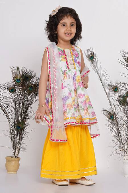 Little Bansi_White Cotton, Chiffon Sequins, Embroidery, Gota Patti Kurta Sharara Set _Online_at_Aza_Fashions
