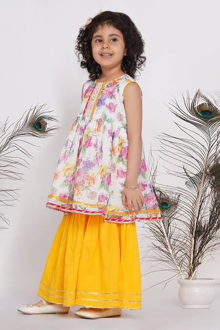 Buy_Little Bansi_White Cotton, Chiffon Sequins, Embroidery, Gota Patti Kurta Sharara Set _Online_at_Aza_Fashions