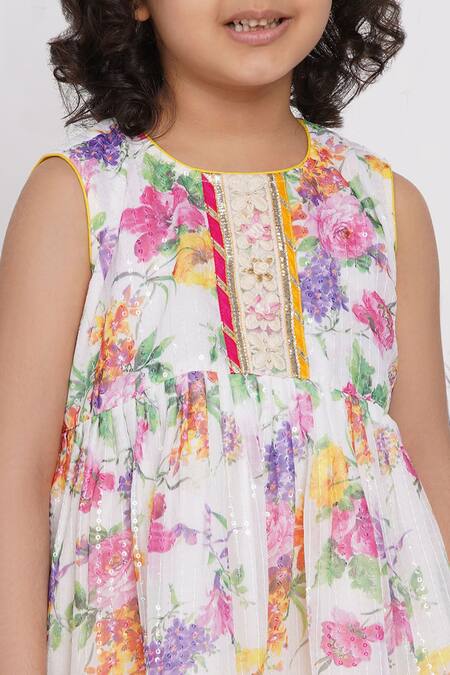 Little Bansi_White Cotton, Chiffon Sequins, Embroidery, Gota Patti Kurta Sharara Set _at_Aza_Fashions