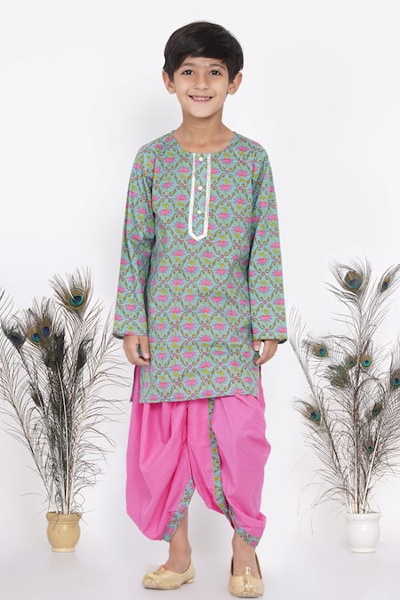 Buy_Little Bansi_Blue Cotton Pearls Printed Kurta And Dhoti Pant Set _Online_at_Aza_Fashions
