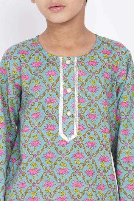 Shop_Little Bansi_Blue Cotton Pearls Printed Kurta And Dhoti Pant Set _Online_at_Aza_Fashions