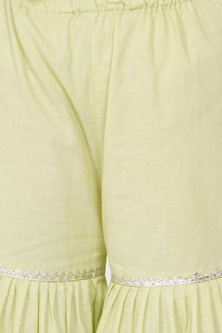 Shop_Little Bansi_Green Cotton Sequins, Embroidery, Tassels Pleated Kurta Sharara Set _Online_at_Aza_Fashions