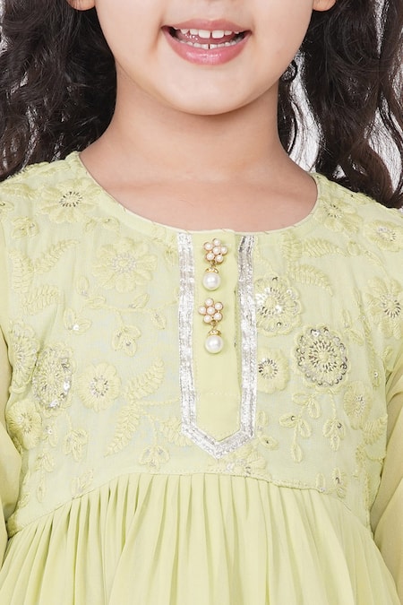 Little Bansi_Green Cotton Sequins, Embroidery, Tassels Pleated Kurta Sharara Set _at_Aza_Fashions