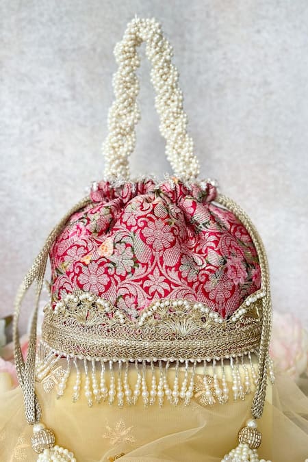 Amyra Red Pearls, Beads, Embroidery Floral Motif Potli Bag 