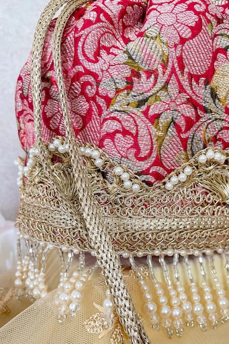 Shop Amyra Red Pearls, Beads, Embroidery Floral Motif Potli Bag at Aza Fashions Shop_Amyra_Red Pearls, Beads, Embroidery Floral Motif Potli Bag _at_Aza_Fashions