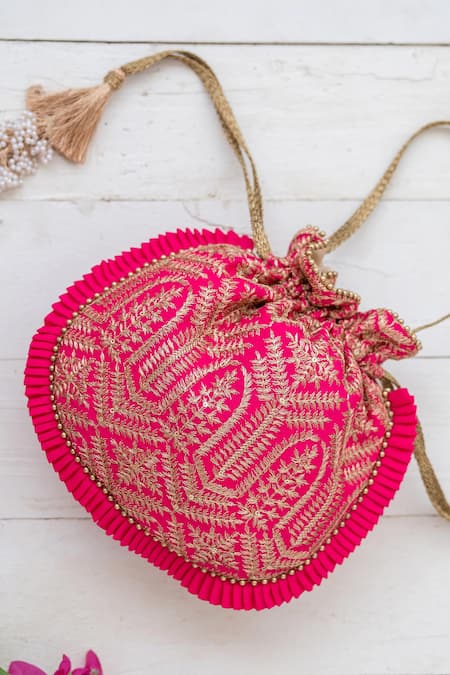 Shop Amyra Pink Embroidery, Tassels Poly Silk Potli Bag at Aza Fashions Shop_Amyra_Pink Embroidery, Tassels Poly Silk Potli Bag _at_Aza_Fashions