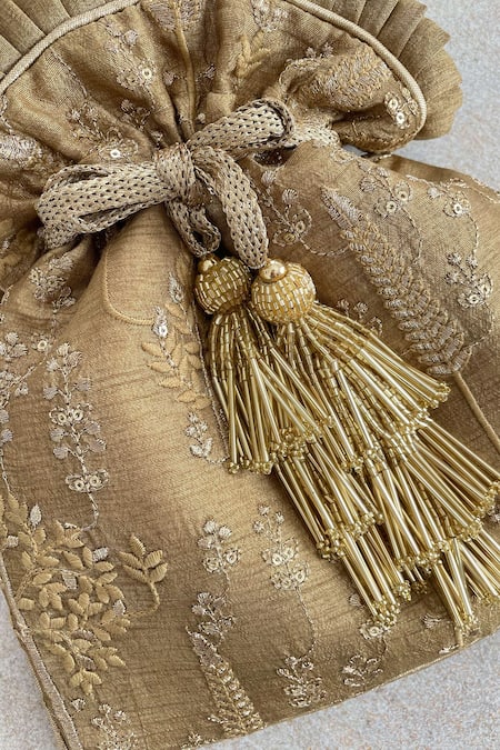 Shop_Amyra_Gold Sequins, Embroidery, Tassels Poly Silk Potli Bag _Online_at_Aza_Fashions