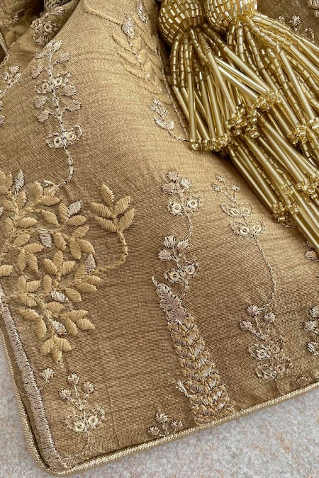 Amyra_Gold Sequins, Embroidery, Tassels Poly Silk Potli Bag _at_Aza_Fashions