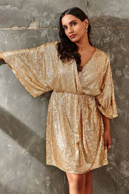 Buy Samatvam By Anjali Bhaskar Gold Georgette, V Neck Flared Sleeve Dress Online at Aza Fashions Buy_Samatvam By Anjali Bhaskar_Gold Georgette, V Neck Flared Sleeve Dress _Online_at_Aza_Fashions