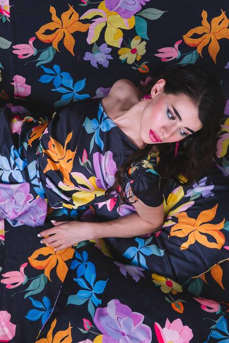 Sonam Parmar Jhawar_Multi Color Crepe Silk Floral Asymmetric Neckline Rita Printed Top And Pant Set _Online_at_Aza_Fashions