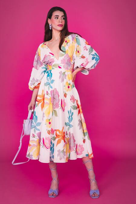 Buy Sonam Parmar Jhawar Multi Color Linen Floral V Neck Suki Print Dress Online at Aza Fashions Buy_Sonam Parmar Jhawar_Multi Color Linen Floral V Neck Suki Print Dress_Online_at_Aza_Fashions