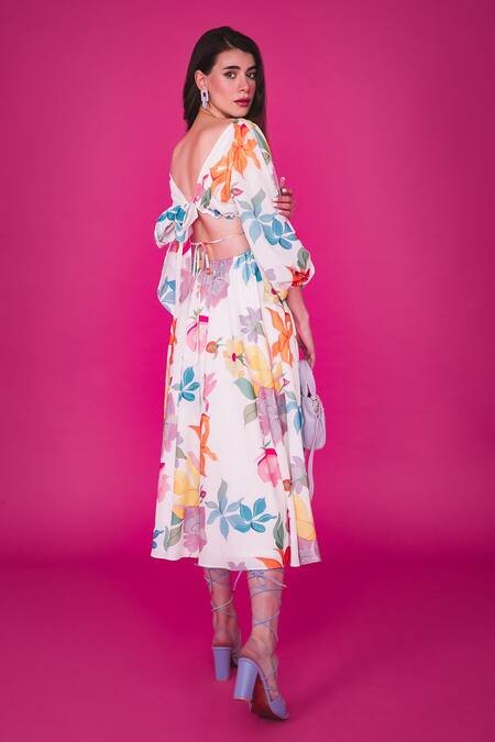 Shop Sonam Parmar Jhawar Multi Color Linen Floral V Neck Suki Print Dress at Aza Fashions Shop_Sonam Parmar Jhawar_Multi Color Linen Floral V Neck Suki Print Dress_at_Aza_Fashions