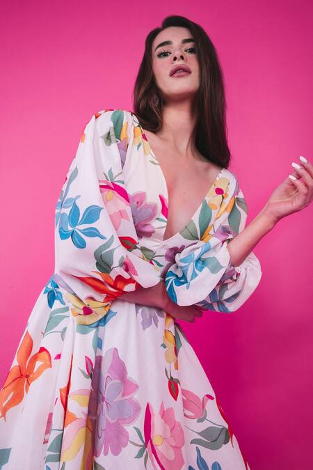 Shop Sonam Parmar Jhawar Multi Color Linen Floral V Neck Suki Print Dress Online at Aza Fashions Shop_Sonam Parmar Jhawar_Multi Color Linen Floral V Neck Suki Print Dress_Online_at_Aza_Fashions