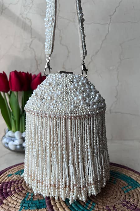 Shop_Nayaab By Sonia_White Embroidery, Tassels Pearl Polti Bag _at_Aza_Fashions