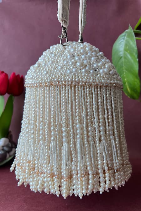 Nayaab By Sonia_White Embroidery, Tassels Pearl Polti Bag _Online_at_Aza_Fashions